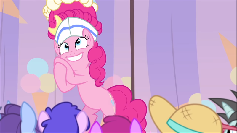 Size: 1368x770 | Tagged: safe, derpibooru import, screencap, berry punch, berryshine, neon lights, november rain, pinkie pie, rising star, earth pony, pony, sundae sundae sundae, spoiler:interseason shorts, background pony, bipedal, crossed hooves, curtains, female, friendship student, hat, mare, smiling, solo focus