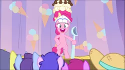 Size: 1368x770 | Tagged: safe, derpibooru import, screencap, berry punch, berryshine, comet tail, november rain, pinkie pie, plumberry, earth pony, pony, sundae sundae sundae, spoiler:interseason shorts, background pony, bipedal, curtains, female, friendship student, hat, hooves on hips, mare, open mouth, smiling, solo focus, spoon