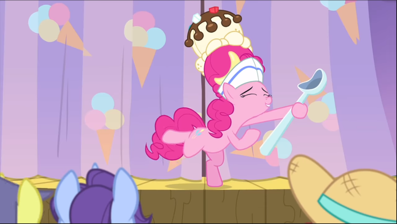 Size: 1367x771 | Tagged: safe, derpibooru import, screencap, comet tail, november rain, pinkie pie, earth pony, pony, sundae sundae sundae, spoiler:interseason shorts, background pony, curtains, eyes closed, female, friendship student, hat, mare, smiling, solo focus, spoon, standing, standing on one leg