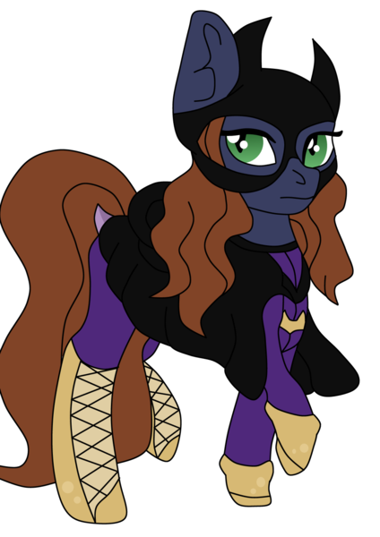 Size: 1000x1414 | Tagged: safe, artist:blankfandoms, derpibooru import, oc, oc:barbat gordon, unofficial characters only, bat pony, pony, bat pony oc, bat wings, batgirl, batman, boots, cape, clothes, dc comics, female, gloves, mare, mask, raised hoof, shoes, solo, wings