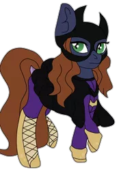 Size: 1000x1414 | Tagged: safe, artist:blankfandoms, derpibooru import, oc, oc:barbat gordon, unofficial characters only, bat pony, pony, bat pony oc, bat wings, batgirl, batman, boots, cape, clothes, dc comics, female, gloves, mare, mask, raised hoof, shoes, solo, wings