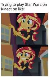 Size: 298x473 | Tagged: safe, derpibooru import, edit, edited screencap, editor:apex soundwave, screencap, sunset shimmer, equestria girls, equestria girls series, opening night, caption, director shimmer, female, headset, image macro, opening night: twilight sparkle, solo, text