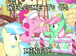 Size: 976x728 | Tagged: safe, derpibooru import, edit, edited screencap, screencap, minty, pinkie pie, earth pony, pony, sundae sundae sundae, spoiler:interseason shorts, cropped, female, food, freckles, g3, g3 to g4, generation leap, hat, ice cream, mare, ponyville, sweat, text