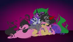 Size: 1920x1121 | Tagged: safe, artist:dimidiummorsumbra, derpibooru import, fluttershy, king sombra, rarity, spike, ponified, pony, colored, eyes closed, female, flat colors, group hug, hug, lying down, male, ot4, polyamory, ponified spike, shipping, smiling, sombrashy, sparisombrashy, sparity, species swap, straight, stupid sexy sombra, stupid sexy spike, unshorn fetlocks