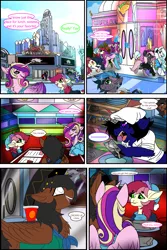 Size: 1563x2344 | Tagged: safe, artist:brainiac, derpibooru import, princess cadance, roseluck, oc, oc:blackjack, oc:brush stroke, oc:deco-den, oc:inner sight, oc:space age, oc:strawberry daiquiri, oc:whiskey lullaby, alicorn, crystal pony, cyborg, earth pony, pony, comic:a single crystal rose, fallout equestria, fallout equestria: project horizons, beanie, blind pony, burrito, chest fluff, clothes, coke, comic, dialogue, fanfic art, female, floppy ears, food, hat, hoodie, implied lesbian, leftovers, mare, mexican food, movie poster, pregnant, prosthetics, restaurant, scarf, soda, sweater, text, theater, unshorn fetlocks, winter hat