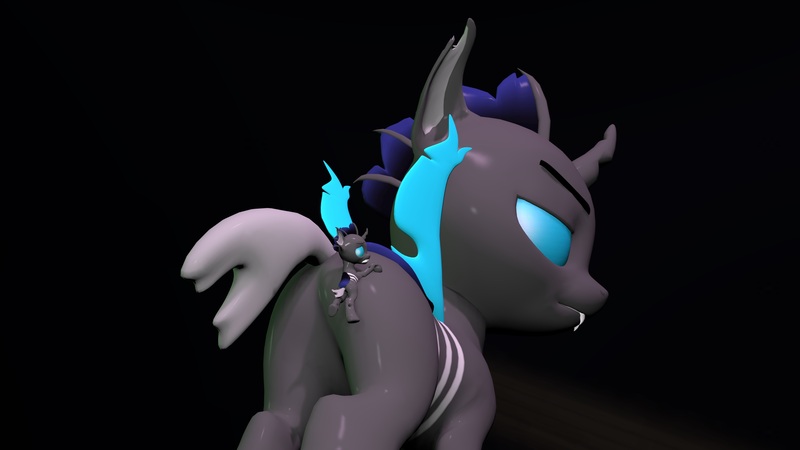 Size: 4000x2250 | Tagged: 3d, artist:ghost reviews, butt, changeling, dangling, derpibooru import, flank, hanging, insect, looking back, micro, plot, size difference, source filmmaker, suggestive, tail, tiny