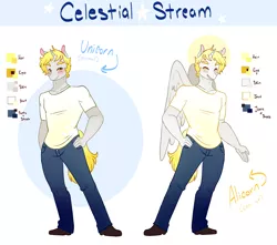 Size: 1870x1653 | Tagged: safe, artist:ruhianna, derpibooru import, oc, oc:celestial stream, unofficial characters only, alicorn, anthro, unicorn, alicorn oc, commission, horn, male, reference sheet, unicorn oc, wings