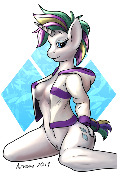 Size: 842x1280 | Tagged: explicit, artist:arvaus, derpibooru import, rarity, anthro, unicorn, absolute cleavage, abstract background, alternate hairstyle, bedroom eyes, bottomless, breasts, busty rarity, butt touch, cleavage, clothes, covered nipples, cutie mark, female, hand on butt, hoodie, kneeling, looking at you, nudity, open clothes, partial nudity, pinup, punk, pussy peek, raripunk, sitting