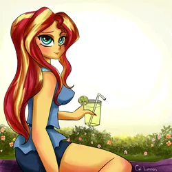 Size: 4096x4096 | Tagged: safe, artist:cali luminos, derpibooru import, sunset shimmer, equestria girls, absurd resolution, blushing, clothes, cute, drink, erect nipples, female, flower, food, lemon, nipple outline, pointed breasts, shimmerbetes, shorts, sleeveless, solo, straw