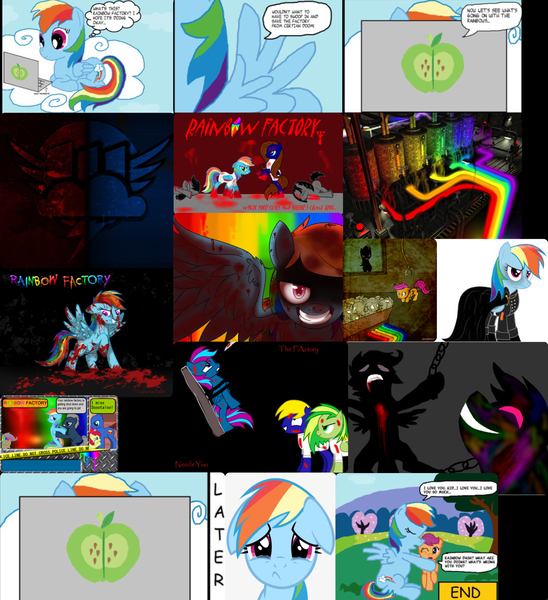 Size: 1455x1593 | Tagged: semi-grimdark, derpibooru import, apple bloom, rainbow dash, scootaloo, oc, oc:bronydanceparty, oc:wooden toaster, pony, fanfic:rainbow factory, apple, big mac's cutie mark, blood, breaking the fourth wall, comic, computer, crying, epiphany, evil, evil grin, food, grin, knife, pegasus device, police, psychological torture, rainbow, rainbow blood, rainbow factory dash, rainbow factory logo, rainbows, sad, smiling, traumatized