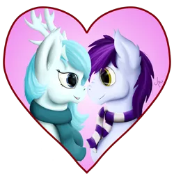 Size: 2000x2000 | Tagged: safe, artist:tunrae, derpibooru import, oc, oc:breeze, oc:tree, pony, clothes, commission, female, heart, horns, lineless, love, male, scarf, shipping, simple background, straight, transparent background