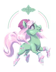 Size: 700x900 | Tagged: safe, artist:goodafterwoon, derpibooru import, minty, pony, :p, clothes, converse, g3, hairclip, hat, mlem, prancing, shoes, silly, sneakers, socks, solo, tongue out, trainers