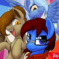 Size: 1280x1280 | Tagged: safe, artist:suspega, derpibooru import, oc, oc:crumpets, oc:wind shear, oc:yan, unofficial characters only, bat pony, earth pony, pegasus, pony, abstract background, angry, annoyed, blue eyes, blue mane, brown mane, bust, chest fluff, clothes, fangs, female, flying, glasses, grumpy, hair over one eye, happy, looking down, looking up, male, mare, no nostrils, open mouth, orange eyes, polo shirt, shirt, slit eyes, smiling, spread wings, stallion, trio, wings, yellow eyes
