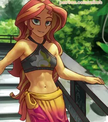Size: 663x748 | Tagged: safe, artist:raikoh, derpibooru import, sunset shimmer, equestria girls, equestria girls series, abs, beach babe, belly button, bikini, bikini top, clothes, colored pupils, cute, female, grin, lidded eyes, looking at you, midriff, sarong, shimmerbetes, sleeveless, smiling, smirk, solo, stairs, summer sunset, swimsuit, toned
