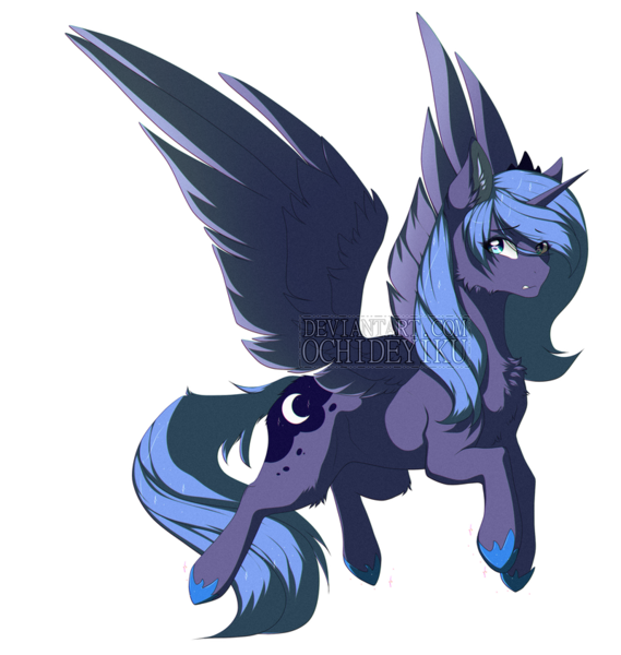 Size: 800x844 | Tagged: safe, artist:ochideyiku, derpibooru import, princess luna, alicorn, pony, butt fluff, cheek fluff, chest fluff, crown, cute, ear fluff, eye clipping through hair, female, hoof shoes, jewelry, leg fluff, lunabetes, mare, regalia, s1 luna, sad, sadorable, simple background, solo, transparent background, watermark