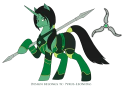 Size: 1986x1385 | Tagged: safe, artist:pyrus-leonidas, derpibooru import, ponified, pony, unicorn, series:mortal kombat:defenders of equestria, clothes, crossover, female, jade (mortal kombat), mare, mortal kombat, simple background, smiling, spear, transparent background, weapon