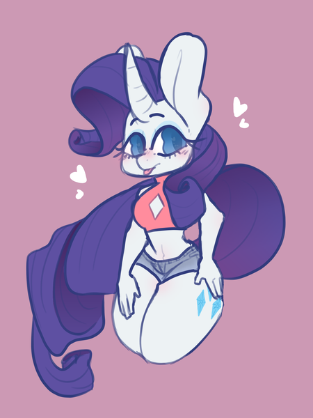 Size: 1280x1707 | Tagged: safe, artist:weepingwitheredwillows, derpibooru import, rarity, anthro, :p, bare shoulders, belly button, big ears, blushing, boob window, clothes, colored pupils, cute, female, heart, midriff, purple background, raribetes, shorts, silly, simple background, solo, tongue out