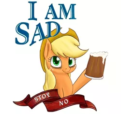 Size: 570x539 | Tagged: safe, artist:tkuroneko, derpibooru import, applejack, earth pony, pony, /mlp/, alcohol, applejack's hat, bags under eyes, beer, caption, cowboy hat, drawthread, female, hat, hoof hold, image macro, looking at you, mare, meme, mug, sad, sbubby, simple background, solo, tankard, text, unhapplejack, white background