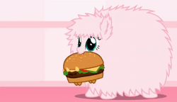 Size: 500x288 | Tagged: safe, artist:mixermike622, derpibooru import, oc, oc:fluffle puff, unofficial characters only, earth pony, pony, animated, behaving like a dog, burger, cute, female, flufflebetes, fluffy, food, gif, hamburger, loop, mare, mouth hold, my little foody, nom, shaking, smiling, solo