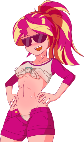 Size: 1136x1920 | Tagged: suggestive, artist:vidorii, derpibooru import, sunset shimmer, equestria girls, alternate hairstyle, blushing, breasts, clothes, female, front knot midriff, hand on hip, human coloration, midriff, open fly, open mouth, panties, ponytail, shorts, simple background, small breasts, solo, sunglasses, sweat, transparent background, underboob, underwear, unzipped