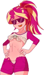 Size: 1136x1920 | Tagged: suggestive, artist:vidorii, derpibooru import, sunset shimmer, equestria girls, alternate hairstyle, blushing, breasts, clothes, female, front knot midriff, hand on hip, human coloration, midriff, open fly, open mouth, panties, ponytail, shorts, simple background, small breasts, solo, sunglasses, sweat, transparent background, underboob, underwear, unzipped