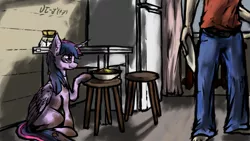 Size: 3840x2160 | Tagged: safe, artist:danton-y17, derpibooru import, twilight sparkle, twilight sparkle (alicorn), alicorn, human, pony, barefoot, bowl, clothes, dirty, duo, feet, female, food, head out of frame, mare, pants, plate, pony pet, refrigerator, shirt, sitting, stool