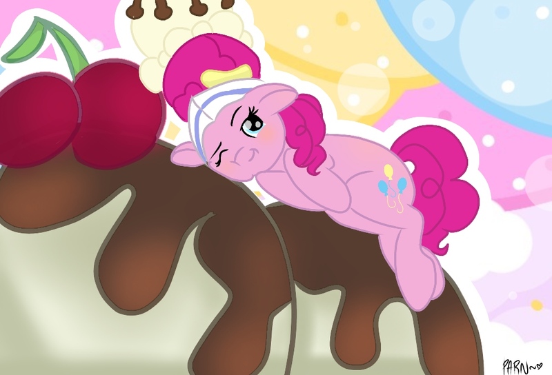 Size: 1000x680 | Tagged: safe, artist:parn, derpibooru import, pinkie pie, pony, cake, food, ice cream, smiley face, solo