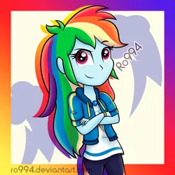 Size: 1600x1601 | Tagged: safe, artist:ro994, derpibooru import, rainbow dash, equestria girls, equestria girls series, clothes, crossed arms, female, geode of super speed, jacket, magical geodes, pants, solo, wristband