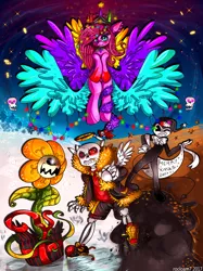 Size: 1280x1711 | Tagged: semi-grimdark, artist:rocioam7, derpibooru import, pinkie pie, pony, alternate universe, bendy and the ink machine, christmas, crossover, female, flowey, holiday, mare, pinkamena diane pie, sans (undertale), underfell, undertale