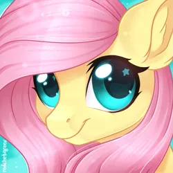 Size: 833x833 | Tagged: safe, artist:redchetgreen, derpibooru import, fluttershy, pegasus, pony, bust, close-up, cute, ear fluff, female, looking at you, mare, portrait, shyabetes, signature, smiling, solo, starry eyes, wingding eyes