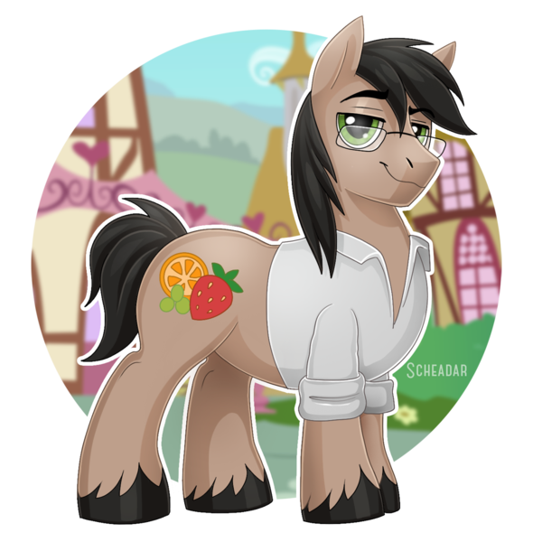 Size: 1200x1200 | Tagged: safe, artist:scheadar, derpibooru import, oc, oc:fruitsallad, earth pony, pony, clothes, glasses, looking at you, male, ponyville, solo, stallion