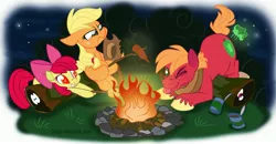 Size: 3600x1869 | Tagged: safe, artist:nanook123, derpibooru import, apple bloom, applejack, big macintosh, earth pony, pony, :p, annoyed, apple siblings, apple sisters, bow, brother and sister, campfire, carrot, cooking, face down ass up, fart, female, filly, fire, floppy ears, food, frown, glare, grin, hoof hold, looking at you, male, mare, marshmallow, mismatched eyes, night, nose wrinkle, one eye closed, prone, roasting, siblings, silly, sisters, sitting, smiling, stallion, stick, toasted marshmallow, tongue out, unamused, unshorn fetlocks, wide eyes, wink