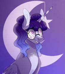 Size: 787x900 | Tagged: safe, artist:sararini, derpibooru import, oc, oc:moonstruck, alicorn, pony, bust, female, glasses, mare, moon, portrait, solo