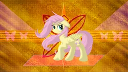 Size: 3840x2160 | Tagged: safe, artist:laszlvfx, artist:mysteriouskaos, derpibooru import, edit, fluttershy, pegasus, pony, female, mare, raised hoof, smiling, solo, wallpaper, wallpaper edit, windswept mane