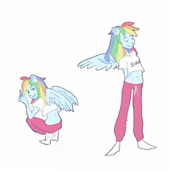 Size: 1280x1302 | Tagged: artist:navy-pon, clothes, derpibooru import, eyes closed, female, human, humanized, looking at you, looking back, looking back at you, pajamas, peace sign, pony coloring, rainbow dash, safe, shirt, simple background, socks, solo, t-shirt, western spy squat, white background, white socks, winged humanization, wings