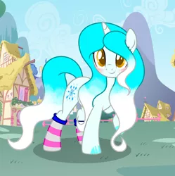 Size: 4032x4056 | Tagged: safe, artist:dashblitzfan4ever, derpibooru import, oc, oc:snow piece, unofficial characters only, pony, unicorn, absurd resolution, blushing, clothes, female, looking at you, mare, smiling, socks, solo, striped socks