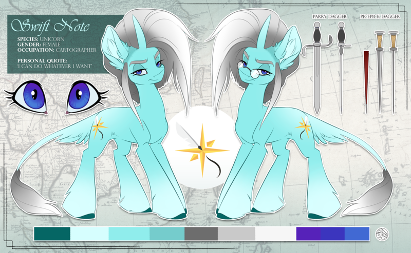 Size: 2000x1236 | Tagged: safe, artist:kez, derpibooru import, oc, oc:swiftnote, pony, unicorn, daggers, glasses, reference sheet