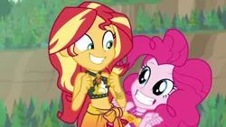 Size: 1920x1080 | Tagged: safe, derpibooru import, screencap, pinkie pie, sunset shimmer, equestria girls, equestria girls series, unsolved selfie mysteries, belly button, bikini, clothes, cute, diapinkes, grin, shimmerbetes, sleeveless, smiling, swimsuit