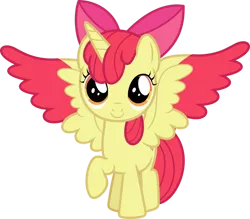 Size: 954x837 | Tagged: safe, artist:phucknuckl, derpibooru import, apple bloom, alicorn, pony, adorabloom, alicornified, bloomicorn, colored wings, colored wingtips, cute, female, filly, foal, race swap, raised hoof, simple background, solo, spread wings, transparent background, wings