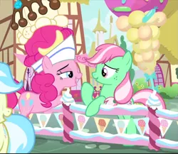 Size: 889x771 | Tagged: safe, derpibooru import, screencap, minty, pinkie pie, earth pony, pony, sundae sundae sundae, spoiler:interseason shorts, cropped, duo focus, female, freckles, hat, leaning, lidded eyes, looking at each other, mare, open mouth, raised hoof
