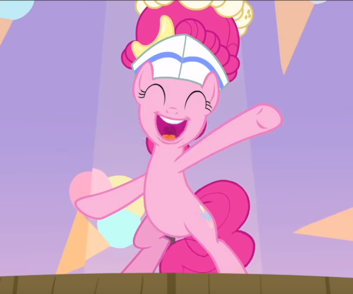 Size: 839x698 | Tagged: safe, derpibooru import, screencap, pinkie pie, earth pony, pony, sundae sundae sundae, spoiler:interseason shorts, bipedal, cropped, curtains, cute, diapinkes, eyes closed, female, hat, mare, open mouth, raised hoof, smiling, solo, underhoof