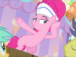 Size: 920x701 | Tagged: safe, derpibooru import, screencap, comet tail, pinkie pie, sunshower raindrops, earth pony, pony, sundae sundae sundae, spoiler:interseason shorts, bipedal, cropped, curtains, female, hat, listening, mare, raised eyebrow, raised hoof, smiling, smirk, smug, solo focus, underhoof