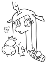 Size: 390x520 | Tagged: artist:jargon scott, bag, bags under eyes, black and white, bug spray, bust, changeling, changeling queen, derpibooru import, dialogue, female, grayscale, huffing, implied drug use, implied self harm, monochrome, paper bag, queen chrysalis, safe, self harm, simple background, solo, white background