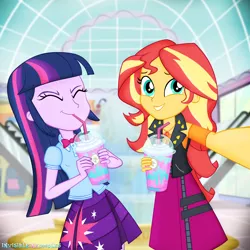 Size: 2200x2200 | Tagged: safe, artist:invisibleink, derpibooru import, sunset shimmer, twilight sparkle, equestria girls, equestria girls series, bowtie, canterlot mall, clothes, cute, jacket, leather, leather jacket, milkshake, pleated skirt, selfie, show accurate, skirt, smiling, straw, unicorn frappuccino