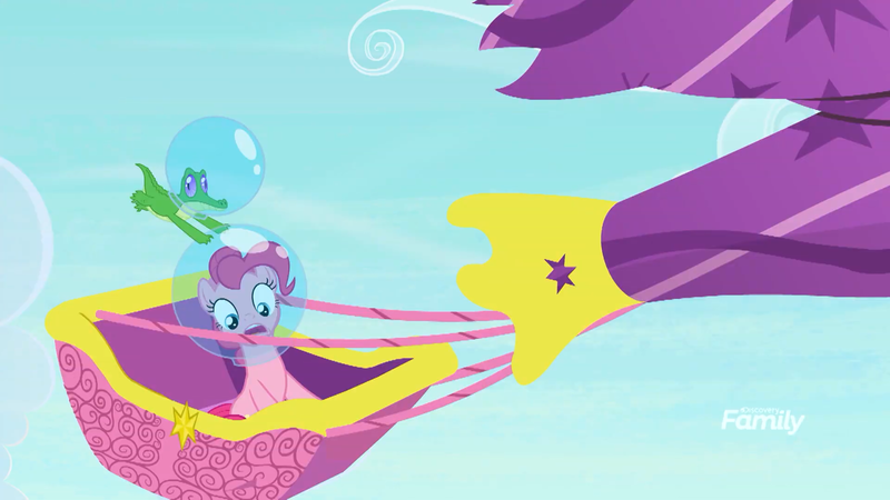 Size: 1920x1080 | Tagged: safe, derpibooru import, official, screencap, gummy, pinkie pie, alligator, earth pony, pony, season 9, spoiler:s09, bubble, duo, female, hot air balloon, male, mare, twinkling balloon