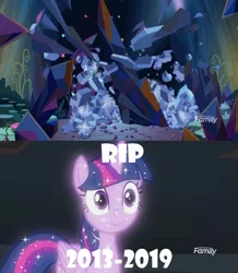 Size: 628x720 | Tagged: safe, derpibooru import, edit, edited screencap, screencap, tree of harmony, alicorn, pony, the beginning of the end, what lies beneath, broken, c:, crystal, dark crystal, destruction, f, female, hilarious in hindsight, implied twilight sparkle, mare, meme, press f to pay respects, rest in peace, shattered, smiling, sparkles, text, treelight sparkle, wide eyes