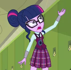 Size: 642x630 | Tagged: safe, derpibooru import, screencap, sci-twi, twilight sparkle, equestria girls, friendship games, clothes, cropped, crystal prep academy uniform, female, glasses, hair bun, lockers, magic capture device, pleated skirt, school uniform, skirt