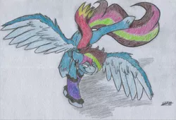 Size: 2500x1698 | Tagged: safe, artist:adilord, derpibooru import, oc, pegasus, pony, blue skin, clothes, dynamic pose, ear piercing, earring, female, jewelry, mare, pencil drawing, piercing, scarf, simple background, solo, traditional art, white background, wings