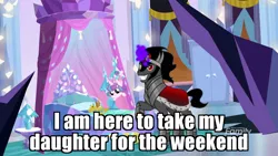 Size: 1280x720 | Tagged: safe, derpibooru import, edit, edited screencap, screencap, king sombra, princess flurry heart, alicorn, pony, unicorn, the beginning of the end, caption, crystal, daddy sombra, dark crystal, dark magic, father and child, father and daughter, female, filly, foal, image macro, implied infidelity, levitation, magic, male, stallion, telekinesis, text