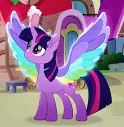 Size: 397x406 | Tagged: safe, derpibooru import, official, twilight sparkle, twilight sparkle (alicorn), alicorn, pony, rainbow roadtrip, colored wings, female, grainy, hope hollow, mare, movie accurate, multicolored wings, rainbow wings, solo, spread wings, wing bling, wings